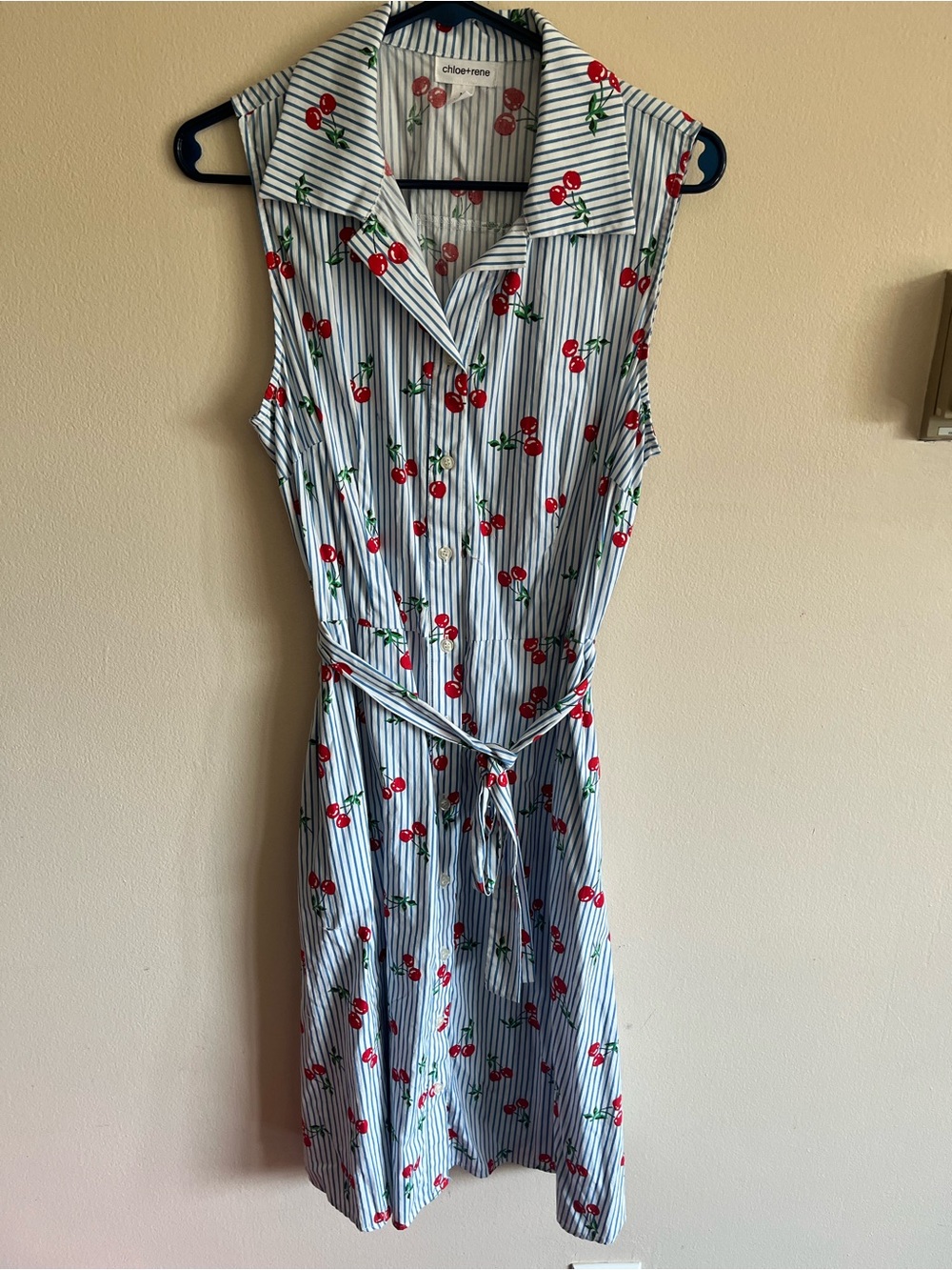 Chloe + Rene Sleeveless Retro Cherry-Print Shirt Dress in White/Blue